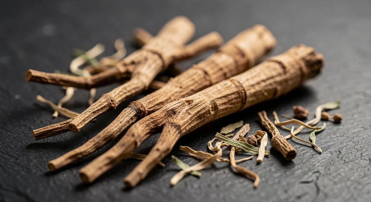 Macro photograph of raw botanical roots and adaptogenic plant fibers used in natural men's health supplements