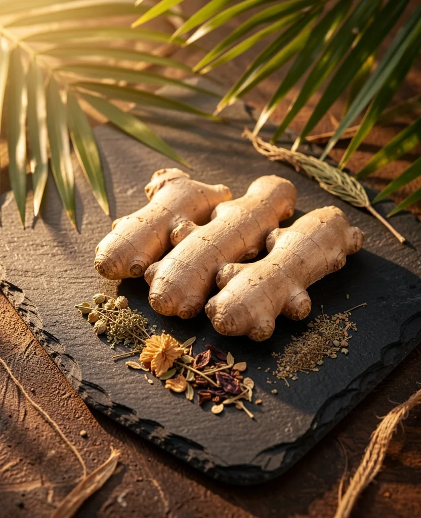 Raw botanical roots on a dark surface