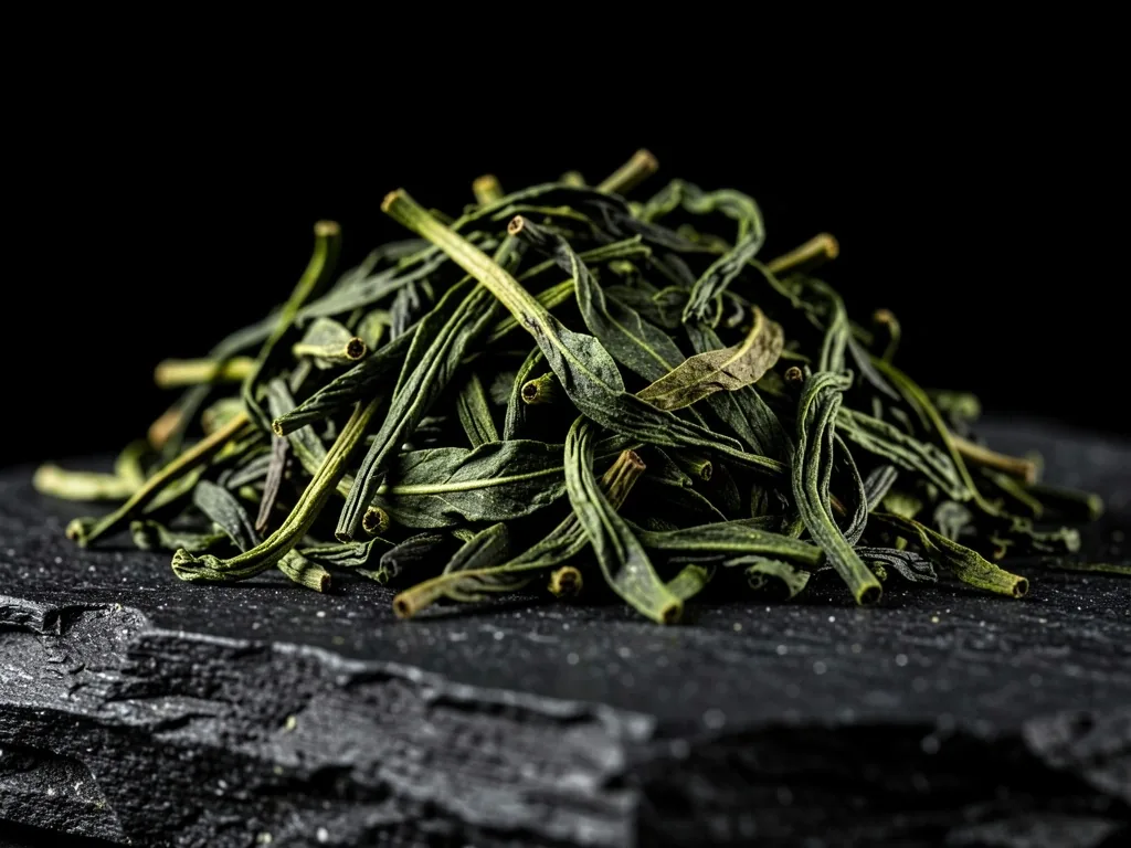 Dried green tea leaves macro study