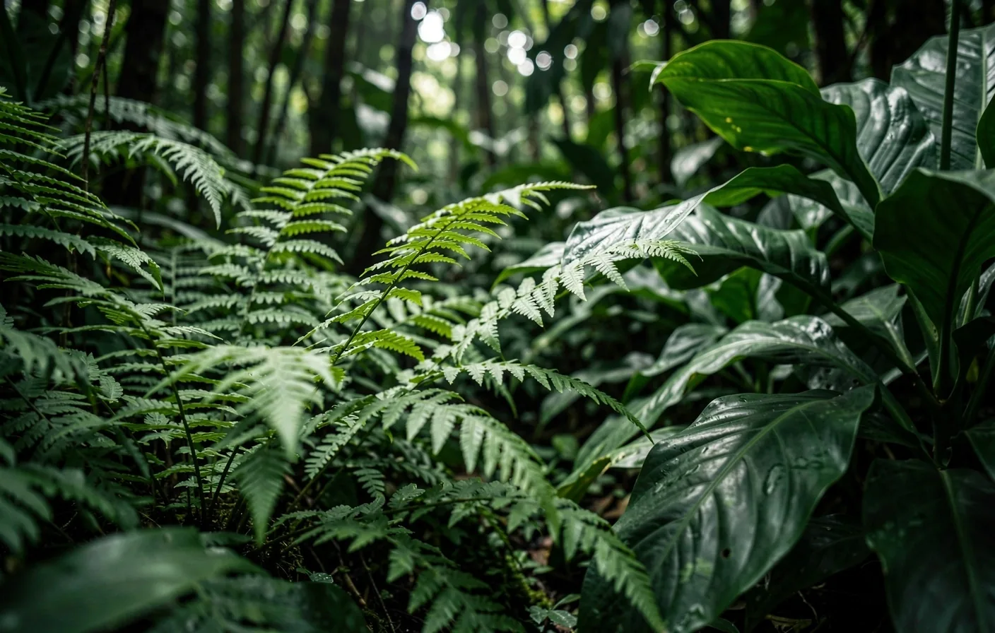 Dense tropical foliage in low-key natural light