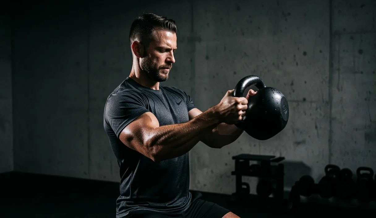 Man training with a kettlebell in a minimalist gym