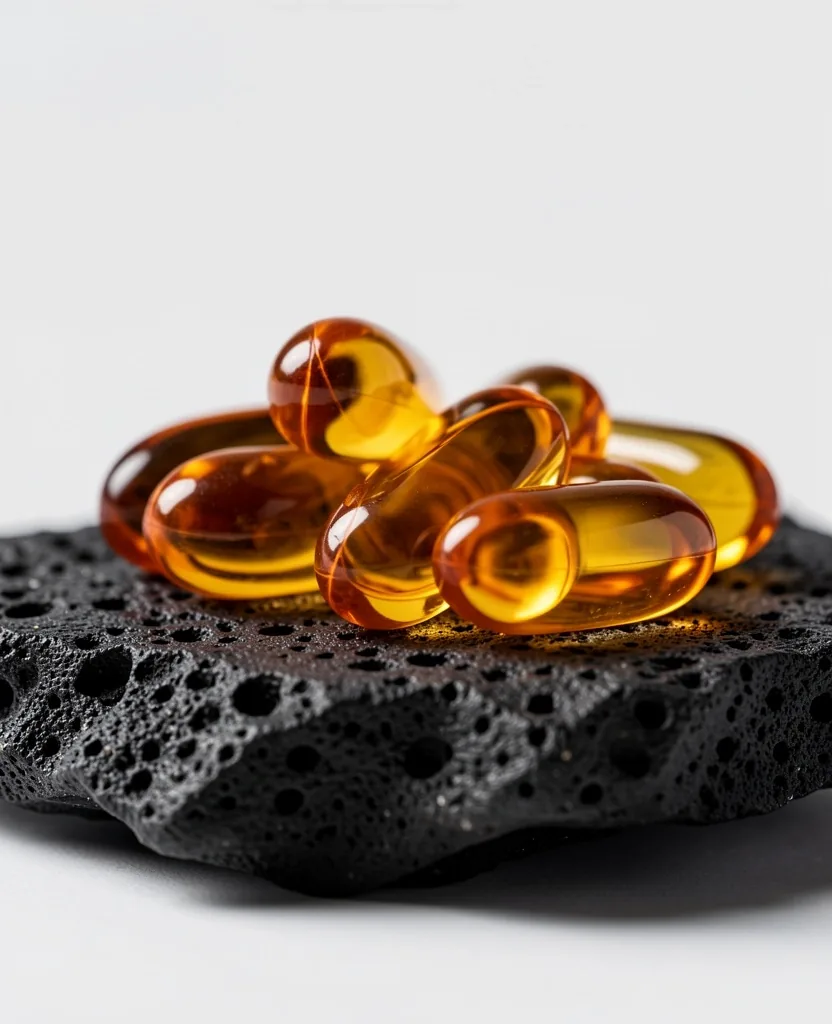 Amber supplement bottle on dark surface